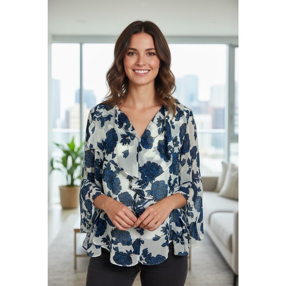 Curations Blue Floral Blouse Sz XS Bell Sleeve V-Neck Top Lined Layered Tank